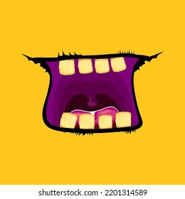 Vektorgrafik lustiges Zombie-Monster, offener Mund mit faulen Zähnen einzeln auf orangefarbenem Hintergrund. Vektor Halloween Grußkarte mit Funne orangefarbenem Monstermund. Cartoon Vampire und Hexenzähne 