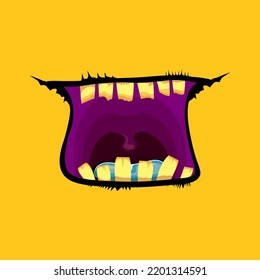 Vektorgrafik lustiges Zombie-Monster, offener Mund mit faulen Zähnen einzeln auf orangefarbenem Hintergrund. Vektor Halloween Grußkarte mit Funne orangefarbenem Monstermund. Cartoon Vampire und Hexenzähne 
