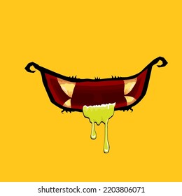 Vector cartoon funny zombie monster open mouth with drooling green slime isolated on orange background. Vector Halloween greeting card with funne orange monster mouth. Cartoon vampire and zombie fangs