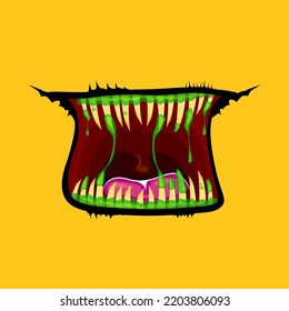 Vector cartoon funny zombie monster open mouth with drooling green slime isolated on orange background. Vector Halloween greeting card with funne orange monster mouth. Cartoon vampire and zombie fangs