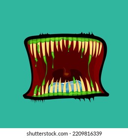 Vector cartoon funny zombie monster open mouth with drooling green slime isolated on background. Vector Halloween greeting card with funne turquoise monster mouth. Cartoon vampire and zombie fangs