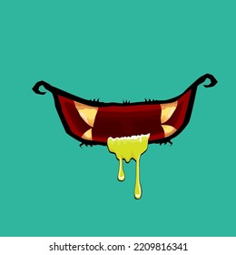 Vector cartoon funny zombie monster open mouth with drooling green slime isolated on background. Vector Halloween greeting card with funne turquoise monster mouth. Cartoon vampire and zombie fangs