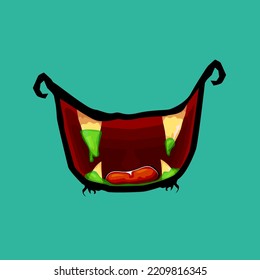 Vector cartoon funny zombie monster open mouth with drooling green slime isolated on background. Vector Halloween greeting card with funne turquoise monster mouth. Cartoon vampire and zombie fangs