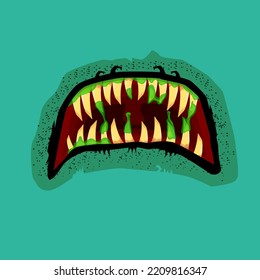Vector cartoon funny zombie monster open mouth with drooling green slime isolated on background. Vector Halloween greeting card with funne turquoise monster mouth. Cartoon vampire and zombie fangs