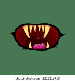 Caricatura vectorial divertido monstruo zombie boca abierta con dientes podridos aislados en el fondo verde. Tarjeta de saludo Vector Halloween con boca de monstruo verde honesta. Vampiros de caricatura y colmillos de bruja