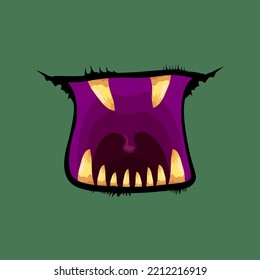Caricatura vectorial divertido monstruo zombie boca abierta con dientes podridos aislados en el fondo verde. Tarjeta de saludo Vector Halloween con boca de monstruo verde honesta. Vampiros de caricatura y colmillos de bruja