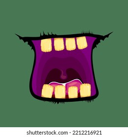 Vector cartoon funny zombie monster open mouth with rotten teeth isolated on green background. Vector Halloween greeting card with funne green monster mouth. Cartoon vampire and witch fangs
