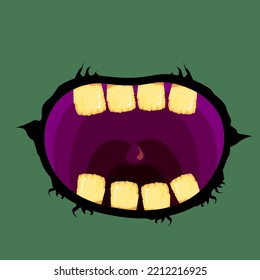 Vector cartoon funny zombie monster open mouth with rotten teeth isolated on green background. Vector Halloween greeting card with funne green monster mouth. Cartoon vampire and witch fangs