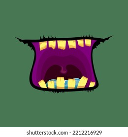 Caricatura vectorial divertido monstruo zombie boca abierta con dientes podridos aislados en el fondo verde. Tarjeta de saludo Vector Halloween con boca de monstruo verde honesta. Vampiros de caricatura y colmillos de bruja