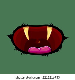 Vektorgrafik lustiges Zombie-Monster, offener Mund mit faulen Zähnen einzeln auf grünem Hintergrund. Vektor Halloween Grußkarte mit lustigem grünem Monstermund. Cartoon Vampire und Hexenzähne
