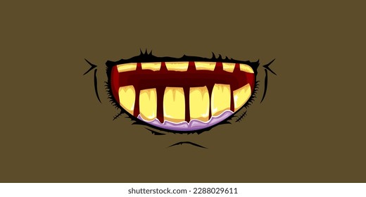 Vector cartoon funny zombie monster laughing mouth with rotten teeth isolated on brown background. Vector happy Halloween kids t-shirt design template with funky monster mouth