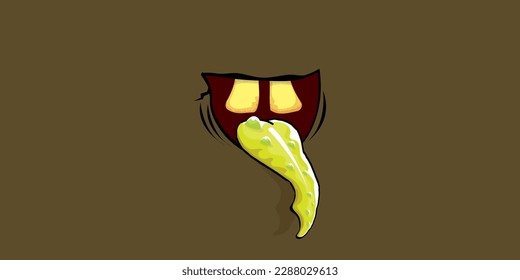 Vector cartoon funny zombie monster laughing mouth with rotten teeth isolated on brown background. Vector happy Halloween kids t-shirt design template with funky monster mouth
