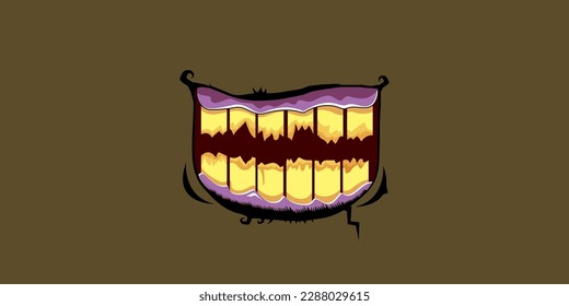 Vector cartoon funny zombie monster laughing mouth with rotten teeth isolated on brown background. Vector happy Halloween kids t-shirt design template with funky monster mouth