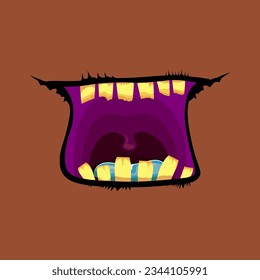 Caricatura vectorial divertido monstruo zombie boca abierta con dientes podridos aislados en fondo marrón. Tarjeta de saludo Vector Halloween con boca de monstruo verde honesta. Vampiros de caricatura y colmillos de bruja