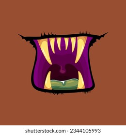 Caricatura vectorial divertido monstruo zombie boca abierta con dientes podridos aislados en fondo marrón. Tarjeta de saludo Vector Halloween con boca de monstruo verde honesta. Vampiros de caricatura y colmillos de bruja
