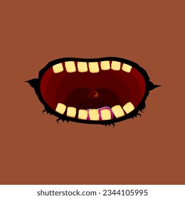 Caricatura vectorial divertido monstruo zombie boca abierta con dientes podridos aislados en fondo marrón. Tarjeta de saludo Vector Halloween con boca de monstruo verde honesta. Vampiros de caricatura y colmillos de bruja