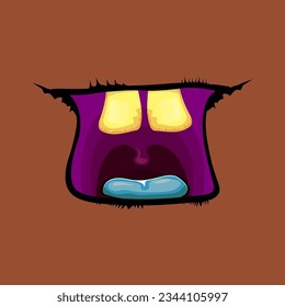 Caricatura vectorial divertido monstruo zombie boca abierta con dientes podridos aislados en fondo marrón. Tarjeta de saludo Vector Halloween con boca de monstruo verde honesta. Vampiros de caricatura y colmillos de bruja