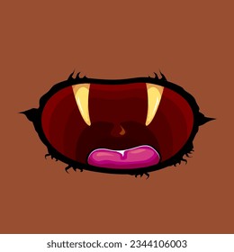 Caricatura vectorial divertido monstruo zombie boca abierta con dientes podridos aislados en fondo marrón. Tarjeta de saludo Vector Halloween con boca de monstruo verde honesta. Vampiros de caricatura y colmillos de bruja