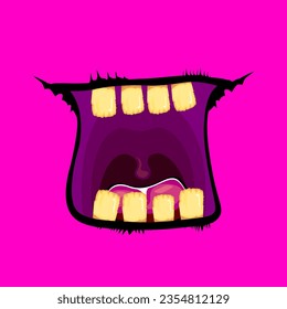 Vector cartoon funny zombie monster open mouth with rotten teeth isolated on pink background. Vector Halloween greeting card with funny pink monster mouth. Cartoon vampire and witch fangs