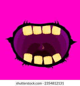 Vektorgrafik lustiges Zombie-Monster, offener Mund mit faulen Zähnen einzeln auf rosafarbenem Hintergrund. Vektor Halloween Grußkarte mit lustigem rosa Monstermund. Cartoon Vampire und Hexenzähne