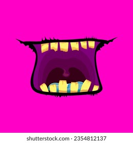 Vector cartoon funny zombie monster open mouth with rotten teeth isolated on pink background. Vector Halloween greeting card with funny pink monster mouth. Cartoon vampire and witch fangs