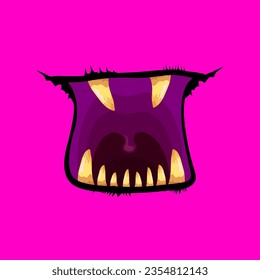 Vector cartoon funny zombie monster open mouth with rotten teeth isolated on pink background. Vector Halloween greeting card with funny pink monster mouth. Cartoon vampire and witch fangs