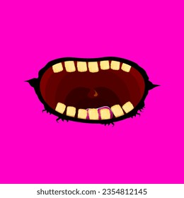 Caricatura vectorial divertido monstruo zombie boca abierta con dientes podridos aislados en el fondo rosado. Tarjeta de saludo Vector Halloween con divertida boca de monstruo rosa. Vampiros de caricatura y colmillos de bruja