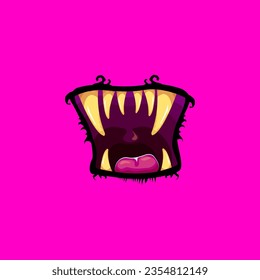 Vector cartoon funny zombie monster open mouth with rotten teeth isolated on pink background. Vector Halloween greeting card with funny pink monster mouth. Cartoon vampire and witch fangs