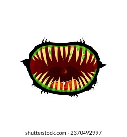 Caricatura vectorial divertido monstruo zombie boca abierta con baboso bache verde aislado en fondo blanco. Tarjeta de saludo de Vector Halloween con divertida boca de monstruo. Vampiros de caricatura y colmillos zombi
