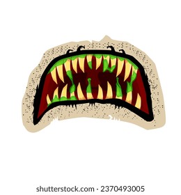 Caricatura vectorial divertido monstruo zombie boca abierta con baboso bache verde aislado en fondo blanco. Tarjeta de saludo de Vector Halloween con divertida boca de monstruo. Vampiros de caricatura y colmillos zombi