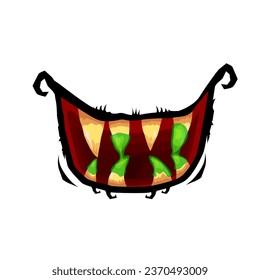 Vector cartoon funny zombie monster open mouth with drooling green slime isolated on white background. Vector Halloween greeting card with funny monster mouth. Cartoon vampire and zombie fangs