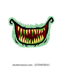 Vector cartoon funny zombie monster open mouth with drooling green slime isolated on white background. Vector Halloween greeting card with funny monster mouth. Cartoon vampire and zombie fangs