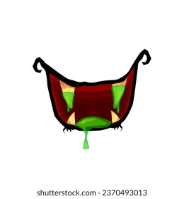 Vector cartoon funny zombie monster open mouth with drooling green slime isolated on white background. Vector Halloween greeting card with funny monster mouth. Cartoon vampire and zombie fangs