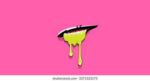 Vector cartoon funny zombie monster laughing mouth with rotten teeth isolated on pink background. Vector happy Halloween kids t-shirt design template with funky monster mouth