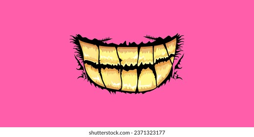 Caricatura vectorial monstruo zombie gracioso riéndose de la boca con dientes podridos aislados en un fondo rosado. Plantilla de diseño de camisetas para niños de Halloween felices vectores con boca de monstruo divertida