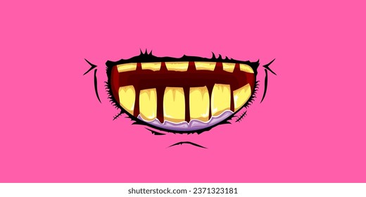 Caricatura vectorial monstruo zombie gracioso riéndose de la boca con dientes podridos aislados en un fondo rosado. Plantilla de diseño de camisetas para niños de Halloween felices vectores con boca de monstruo divertida