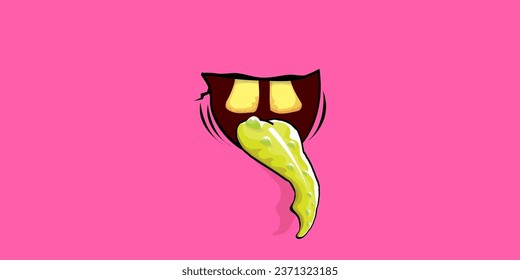 Vector cartoon funny zombie monster laughing mouth with rotten teeth isolated on pink background. Vector happy Halloween kids t-shirt design template with funky monster mouth