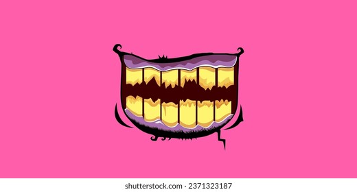 Caricatura vectorial monstruo zombie gracioso riéndose de la boca con dientes podridos aislados en un fondo rosado. Plantilla de diseño de camisetas para niños de Halloween felices vectores con boca de monstruo divertida