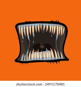 Vector cartoon funny zombie monster open mouth with drooling green slime isolated on orange background. Vector Halloween greeting card with funne orange monster mouth. Cartoon vampire and zombie fangs