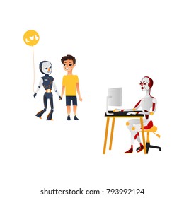 vector cartoon futuristic people robots interactions icons. Man and female robot walking holding hands, cyborg working at desktop. Brain technology, and artificial intelligence. Isolated illustration vector cartoon futuristic people robots interactions icons. Man and female robot walking holding hands, cyborg working at desktop. Brain technology, and artificial intelligence. Isolated illustration