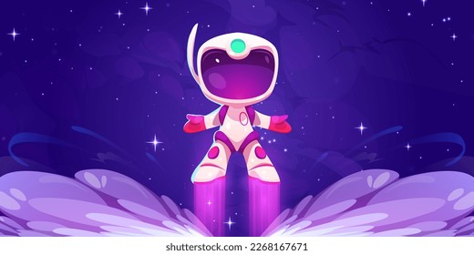 Vector cartoon game background with cosmonaut character fly up in flame. Spaceman takeoff from fire in videogame. Galaxy mission with interstellar robot in white suit and helmet