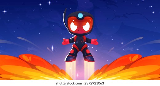 Vector cartoon game background with cosmonaut angry character fly up in flame. Spaceman boss takeoff from fire in videogame. Galaxy mission with interstellar demon in red helmet and armor.