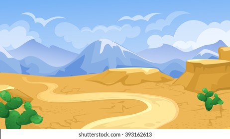 Vector cartoon game background of desert  landscape with road and cactus