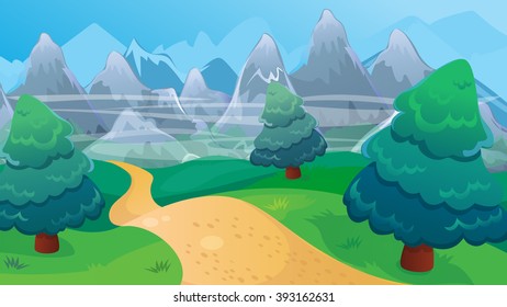 Vector cartoon game background of fir forest landscape with road