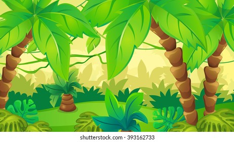 Vector cartoon game background of jungle landscape with lians and palm trees