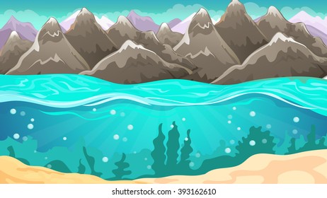 Vector cartoon game background of seascape and mountains