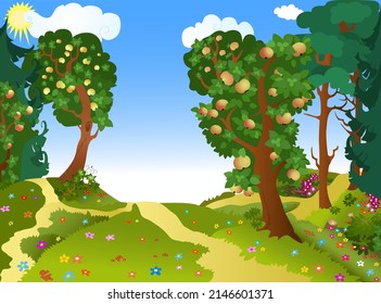 Vector cartoon game background of a summer forest landscape