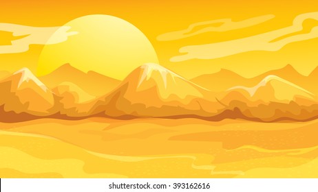 Vector cartoon game background of yellow sunset desert landscape