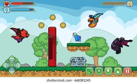 Vector cartoon game. A complete game illustration with characters, background, tileset, objects and gui. All assets are fully customizable.