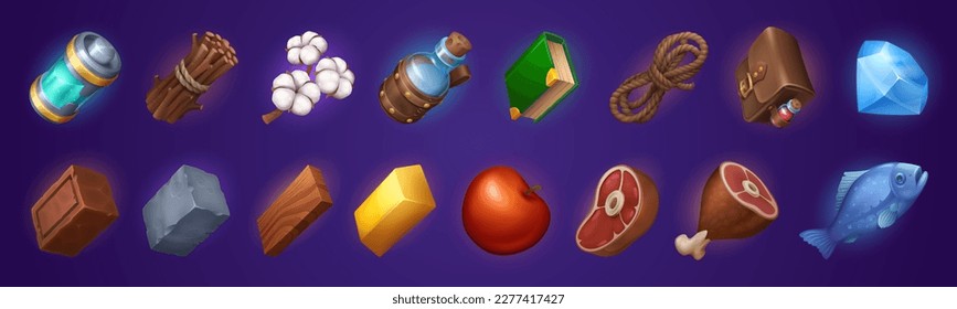 Vector cartoon game icon set with stone and food. Ui interface award design with 2d treasure element. Isolated energy, wood, book and water loot props asset collection. Meat, cotton and apple drop.